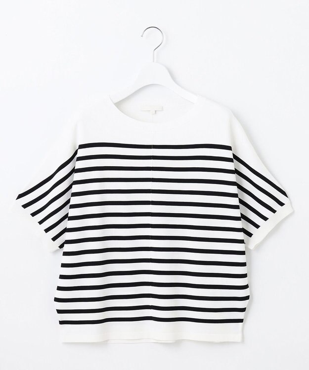 自由区 L 【WEB限定カラーあり・接触冷感・UVカット】クレープストレッチドルマン ニット  [WEB限定]オフ×ブラックボーダー