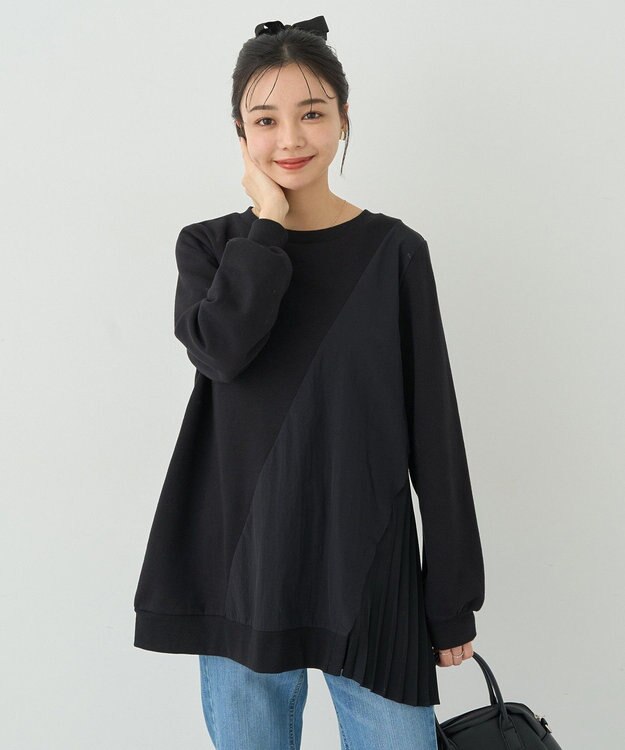 earth music&ecology サイドプリーツ裏起毛プルオーバー Black