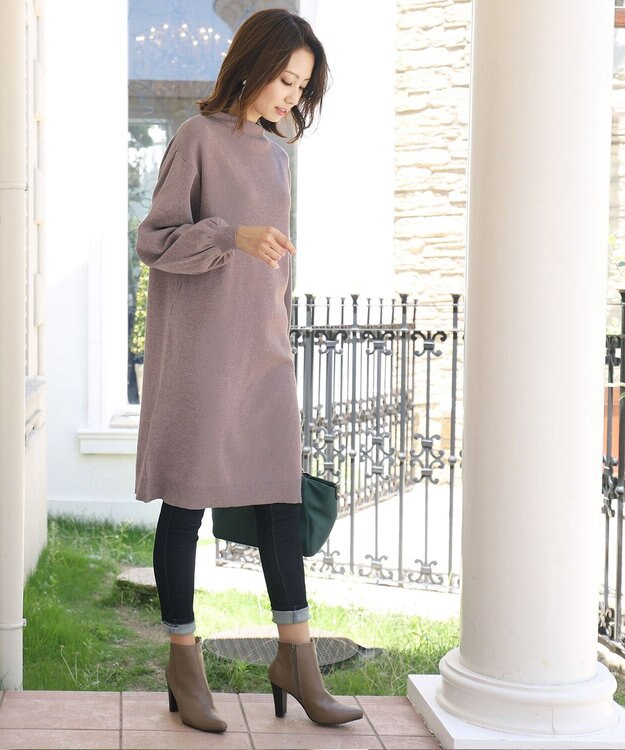 Tiaclasse L 【洗える】着心地抜群のボトルネック袖コンニットワンピース モカ