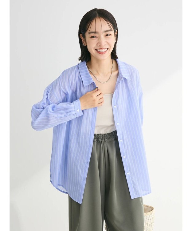 Green Parks インド綿 ボイルゆったりシャツ Stripe Sax