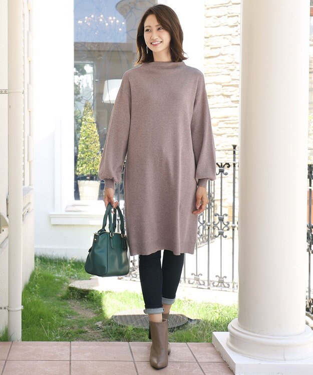 Tiaclasse L 【洗える】着心地抜群のボトルネック袖コンニットワンピース モカ