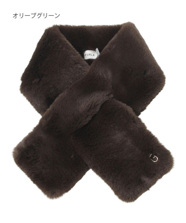 MOONBAT FURLA（フルラ）ビッグ差し込みファーティペット  アーチロゴ フェイクファー オリーブグリーン