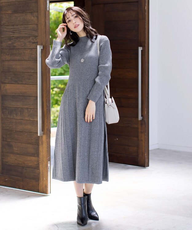 Tiaclasse 【洗える】1着でオシャレ感が出せるニットプリーツワンピース グレー