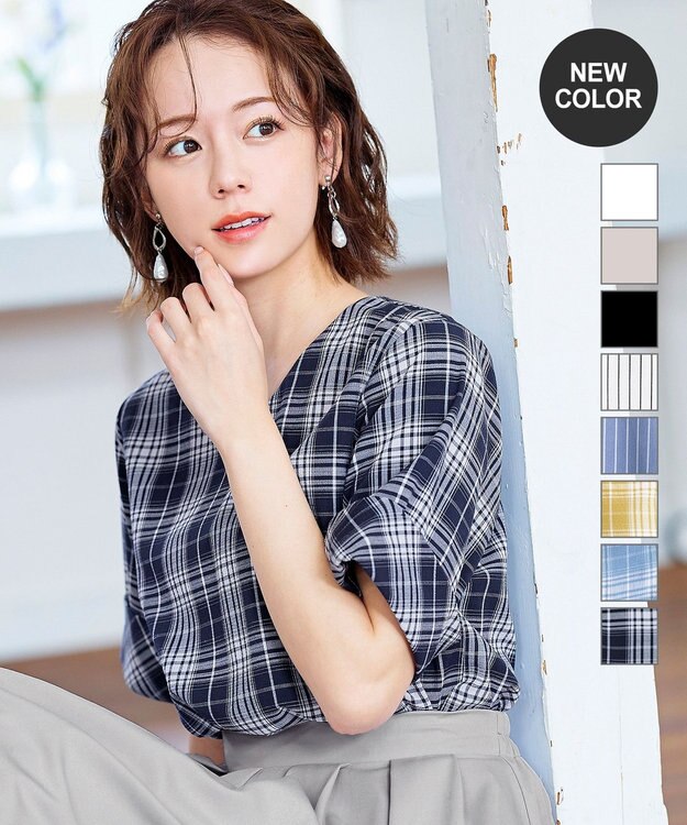 Tiaclasse L 【洗える】ゆったりシルエットの幅広カフスブラウス ネイビーチェック