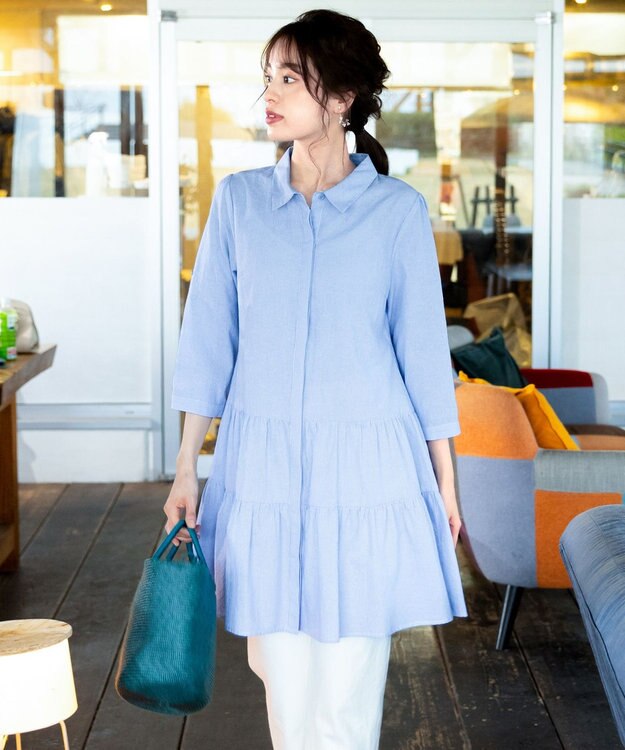 Tiaclasse L 【洗える】1枚で大人華やぐ2段ティアードシャツチュニック サックスストライプ