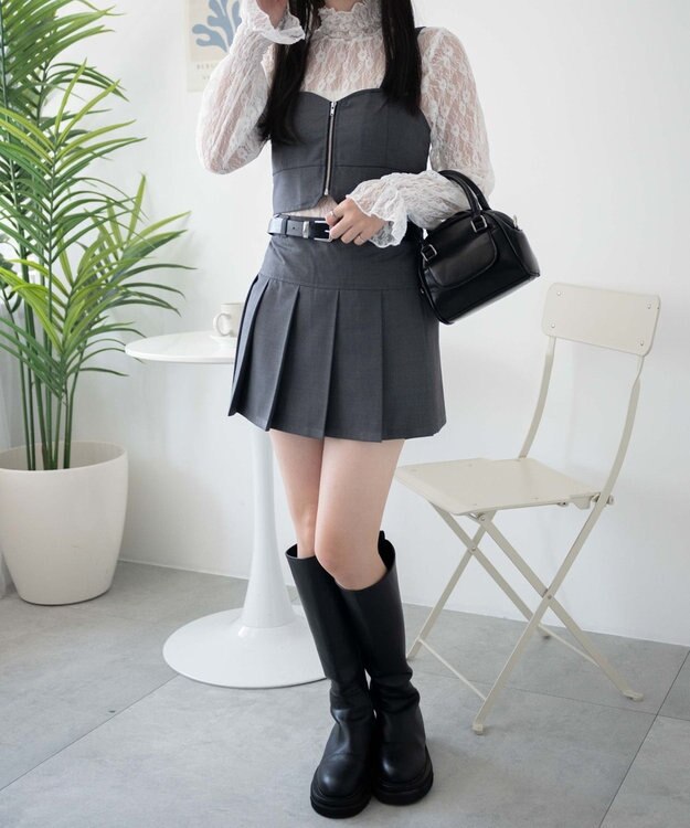 WEGO ベルト付プリーツミニスカパン 杢グレー