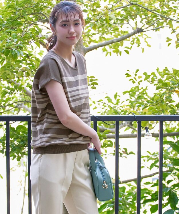 Tiaclasse L 【洗える】マルチボーダーフレンチスリーブニット モカ×グレージュ