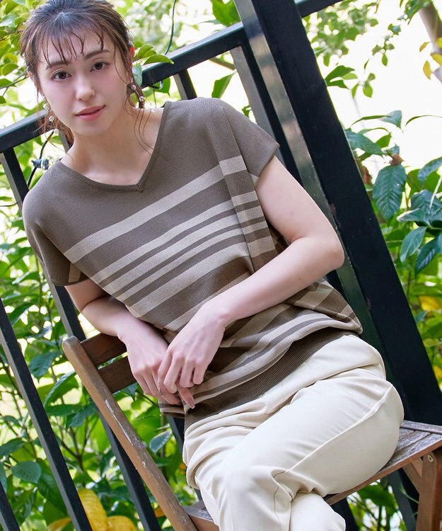 Tiaclasse L 【洗える】マルチボーダーフレンチスリーブニット モカ×グレージュ