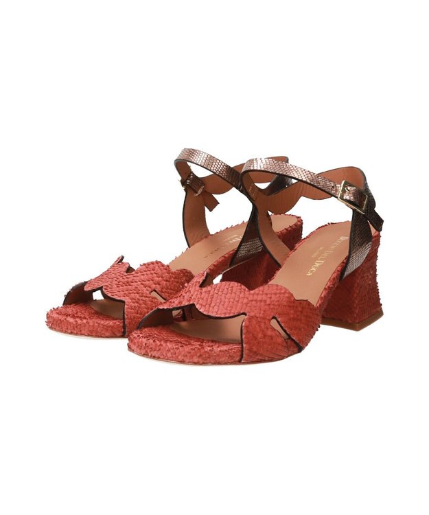 INTER-CHAUSSURES 【DUCCIO DEL DUCA】異素材コンビチャンキーヒールサンダル レッドブラウンコンビ