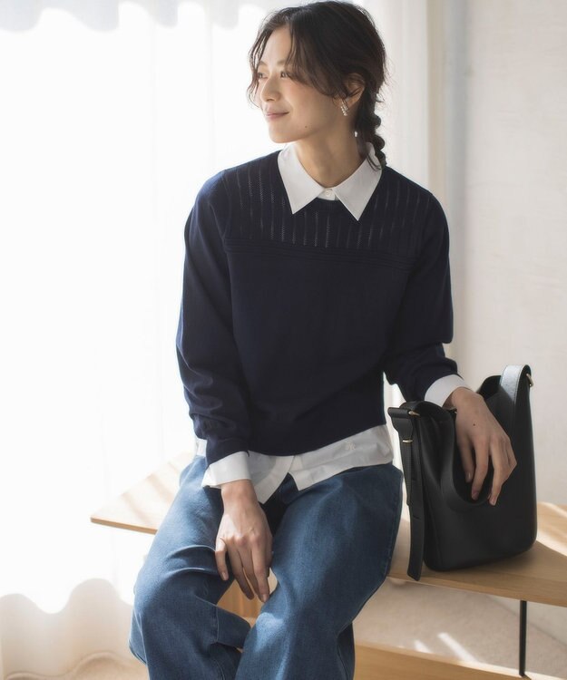 組曲 S 透かし柄 ニットプルオーバー ネイビー系