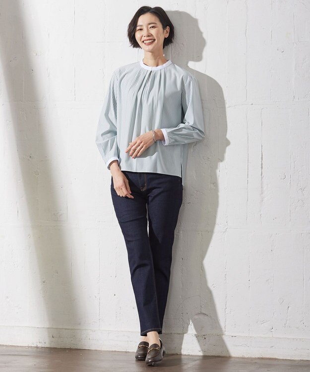 J.PRESS LADIES L ストライプジャージー カットソー スカイブルー系1