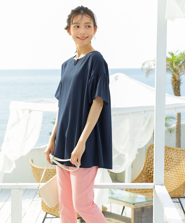 Tiaclasse 【洗える】キーネックフレア袖チュニックブラウス ネイビー