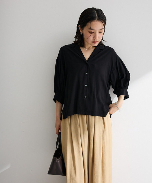 Green Parks 接触冷感シルキータッチローンオープンカラーシャツ Black