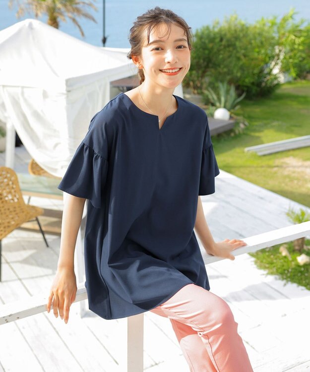 Tiaclasse 【洗える】キーネックフレア袖チュニックブラウス ネイビー