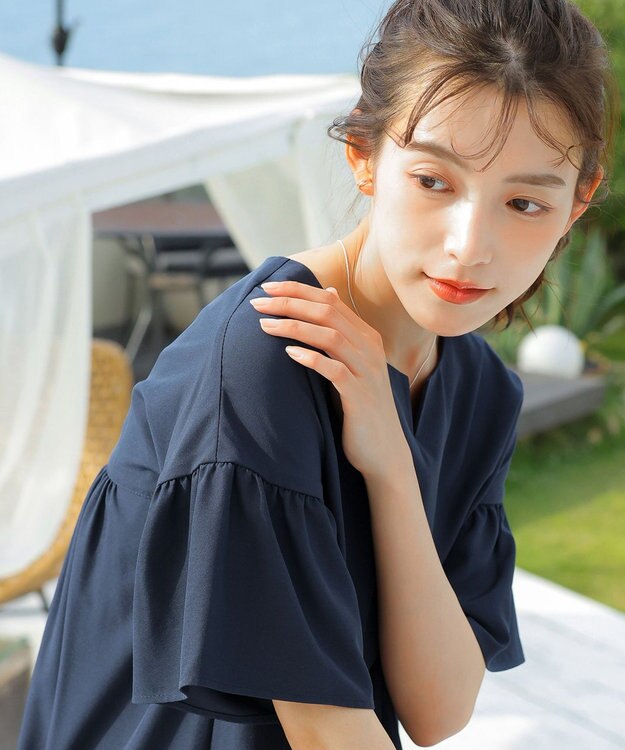 Tiaclasse 【洗える】キーネックフレア袖チュニックブラウス ネイビー