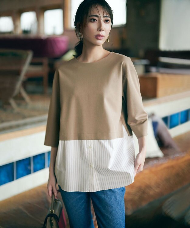 23区 【洗える】コンビネーション チュニック カットソー ブラウン×ベージュストライプ