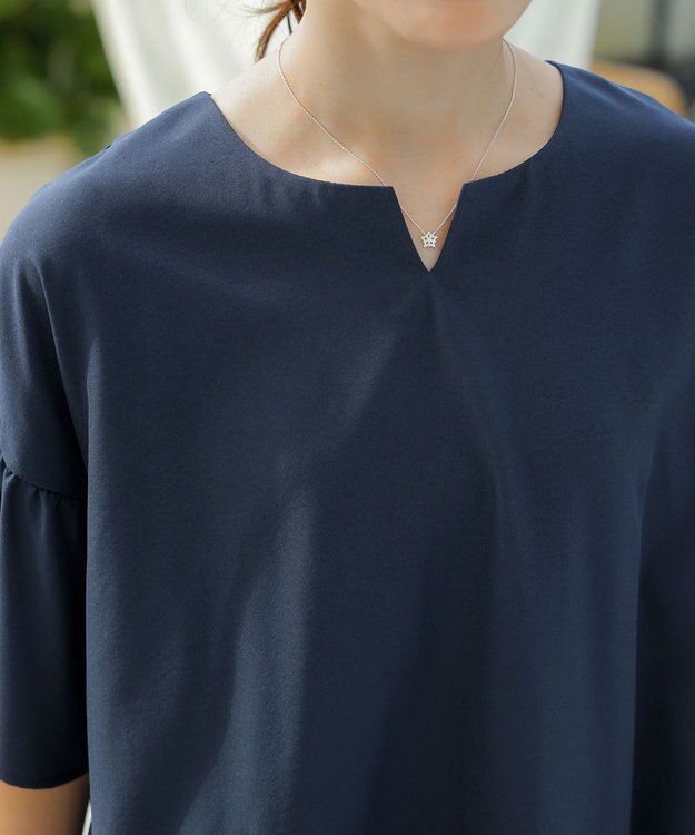 Tiaclasse 【洗える】キーネックフレア袖チュニックブラウス ネイビー