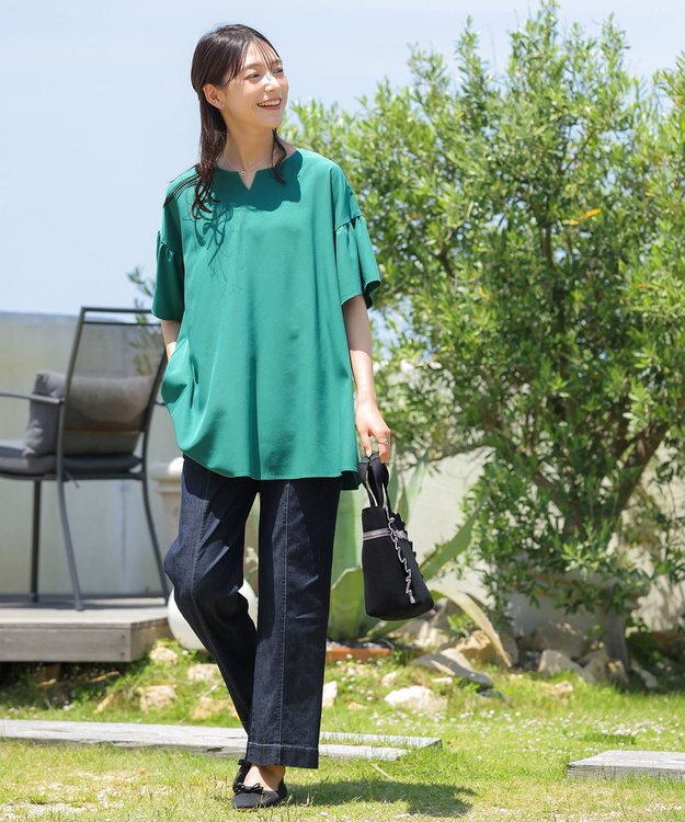 Tiaclasse 【洗える】キーネックフレア袖チュニックブラウス グリーン