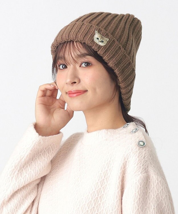 MOONBAT 【FUDGE11月号掲載】PAUL & JOE ACCESSOIRES ヌネット刺繍ワッペン付リブニット帽 モカブラウン