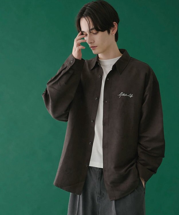 WEGO フェイクスウェードワンポイントBIGシャツ（LS） ブラック中濃色