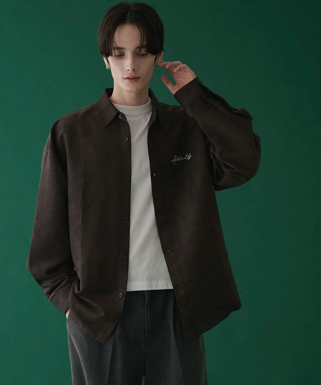 WEGO フェイクスウェードワンポイントBIGシャツ（LS） ブラック中濃色