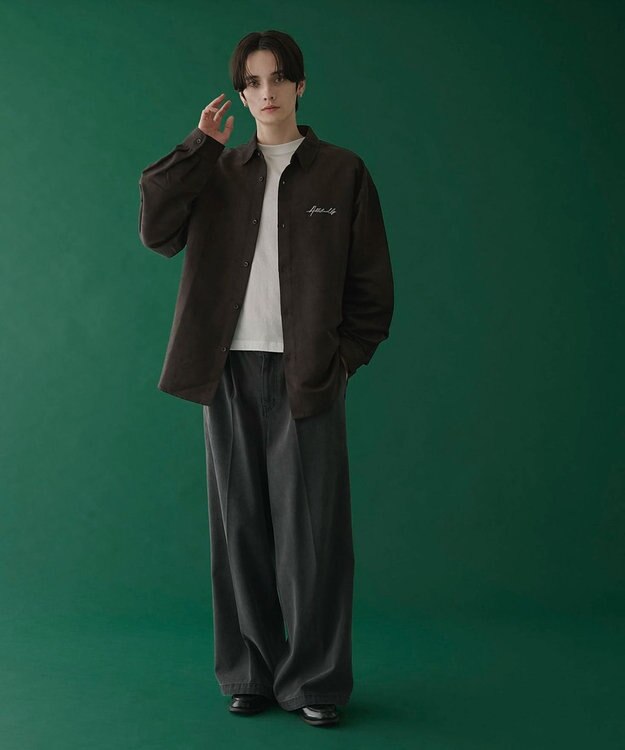 WEGO フェイクスウェードワンポイントBIGシャツ（LS） ブラック中濃色