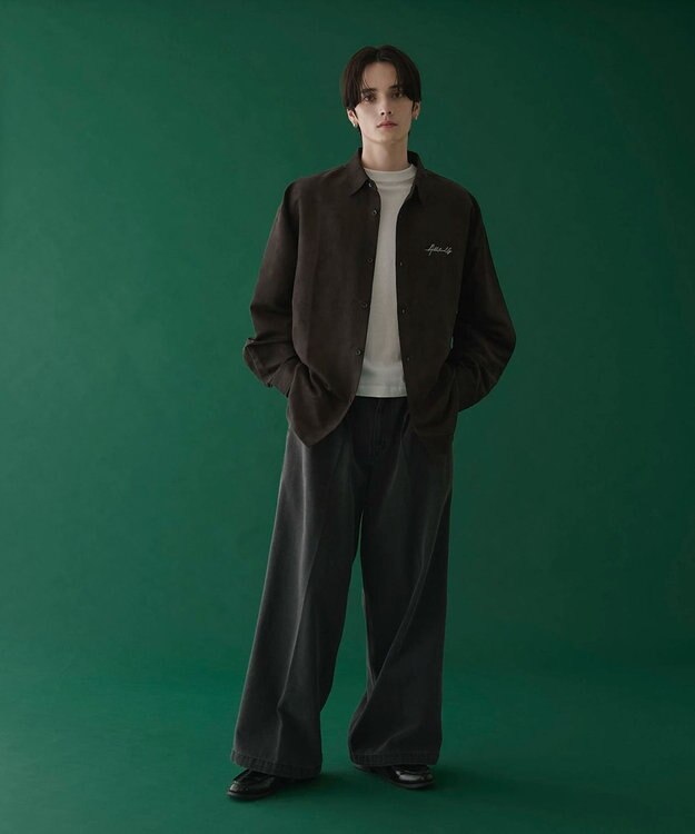 WEGO フェイクスウェードワンポイントBIGシャツ（LS） ブラック中濃色