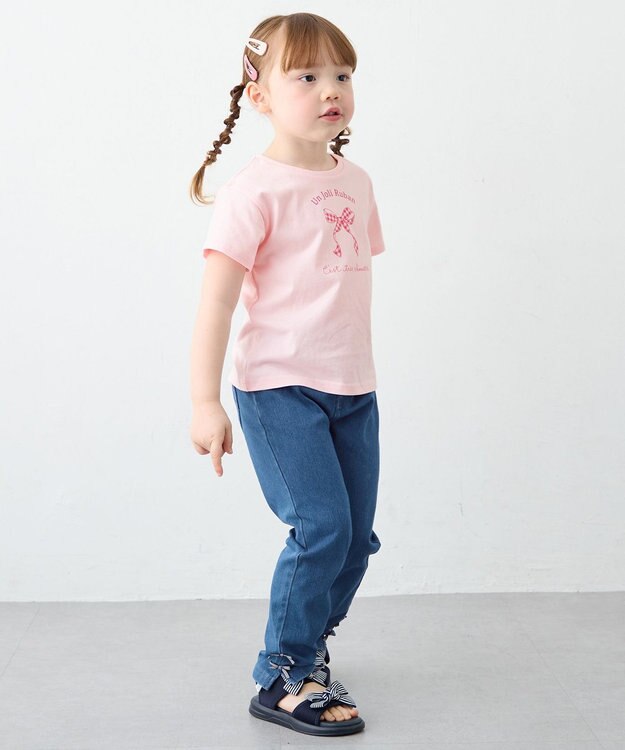 ANY KIDS 【一部店舗/WEB限定】【綿100%】プリント 半袖Tシャツ ピンク×リボン