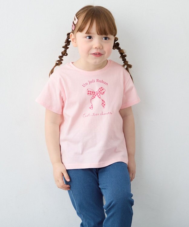 ANY KIDS 【一部店舗/WEB限定】【綿100%】プリント 半袖Tシャツ ピンク×リボン