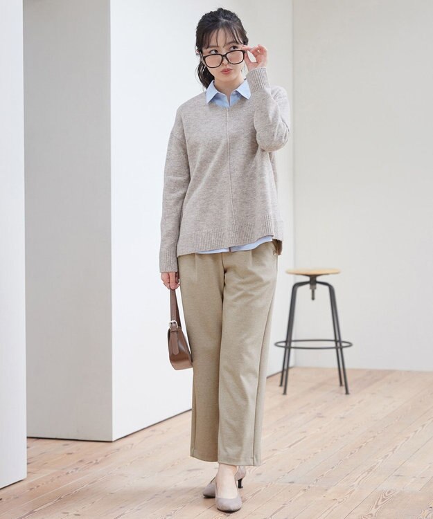 Tiaclasse L ミニチェッカー裏起毛・ストレートパンツ ベージュ