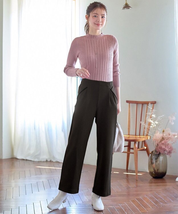 Tiaclasse L ミニチェッカー裏起毛・ストレートパンツ ブラウン