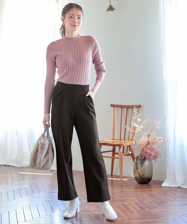 Tiaclasse L ミニチェッカー裏起毛・ストレートパンツ ブラウン