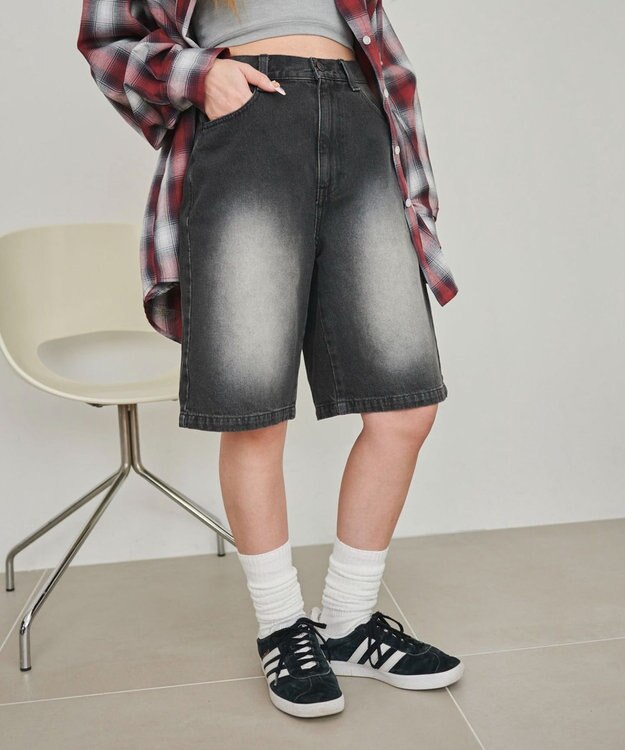 WEGO 【SMサイズ展開】ヴィンテージウォッシュデニムハーフパンツ ブラック