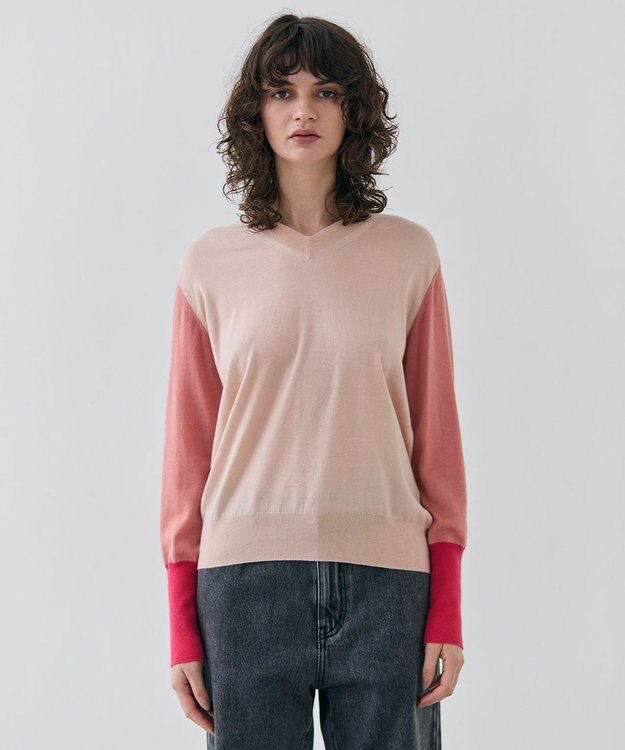 BEIGE， 【洗える】BURNET / カラーミックスVネックトップス Nude×Salmon×Pink