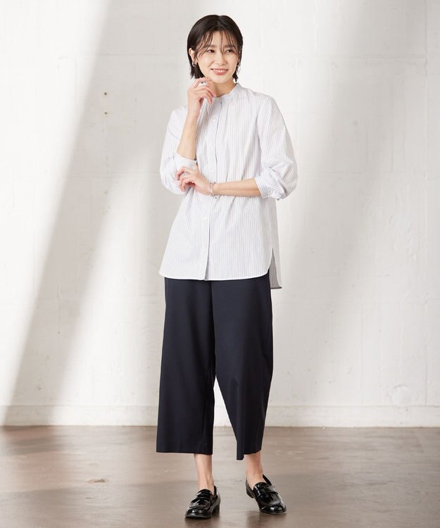 J.PRESS LADIES L 【洗える】シャークスキン セミワイド パンツ ネイビー系