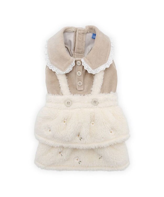 PET PARADISE ペットパラダイス ボア スカートつなぎ 《花刺繍》 小型犬 オフホワイト