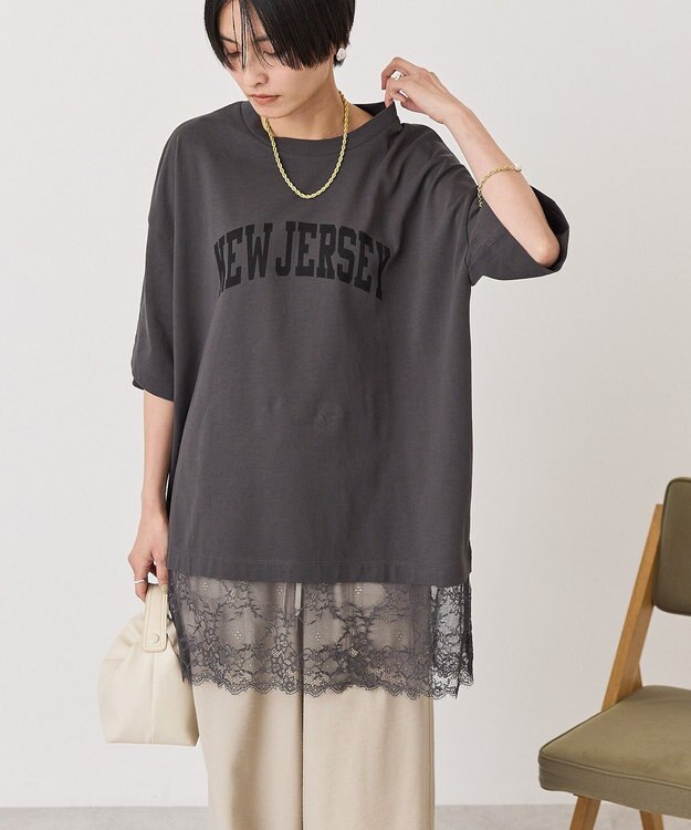 AMERICAN HOLIC カレッジロゴレースドッキングＴシャツ Charcoal Gray