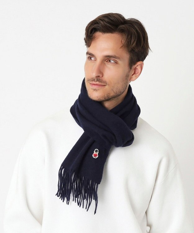 MOONBAT 【WEB限定】MACKINTOSH PHILOSOPHY バッキンガムベア付きウール100%無地マフラー (パッケージ付き) ネイビーブルー