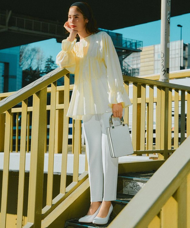 23区 【洗える】シアーコットンシルク シャーリング デザイン ブラウス ライトイエロー系