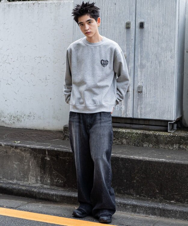 WEGO 【ユニセックス着用ITEM/裏起毛/SMLサイズ展開】リラックスフィットハートロゴプルオーバー 杢グレー