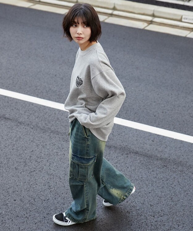 WEGO 【ユニセックス着用ITEM/裏起毛/SMLサイズ展開】リラックスフィットハートロゴプルオーバー 杢グレー