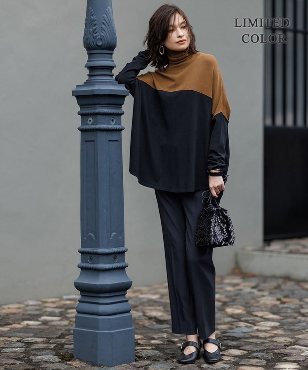 ICB L 【新色追加・WEB限定カラーあり】 ヴィスコースワイド タートルネックプルオーバー キャメル×ブラック［WEB限定］