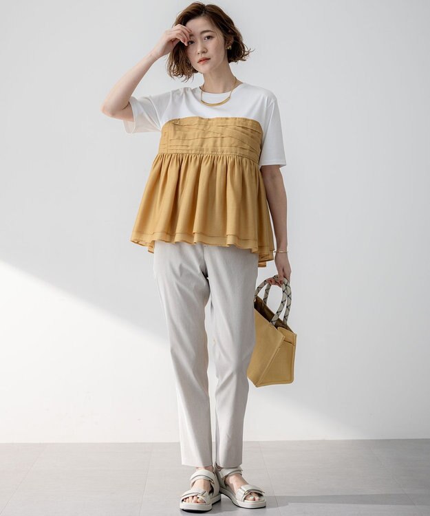 23区 S 【洗える】リネンレーヨンストレッチ テーパード パンツ ベージュ系