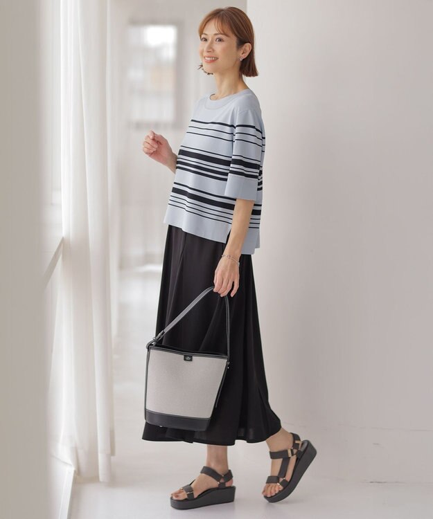 J.PRESS LADIES 【洗える】RAYON ELITE STRETCH ボーダー ニットT サックス×ネイビー系