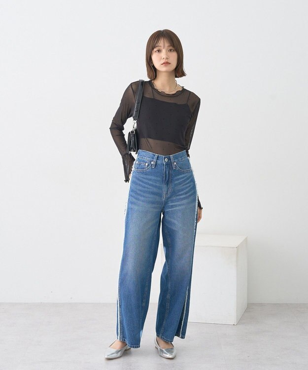 earth music&ecology ワイドフリンジデニムパンツ Indigo