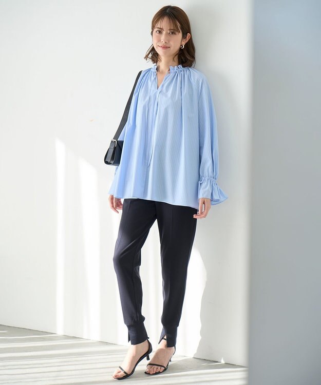 UNFILO 2WAYギャザーブラウス ブルー×オフストライプ