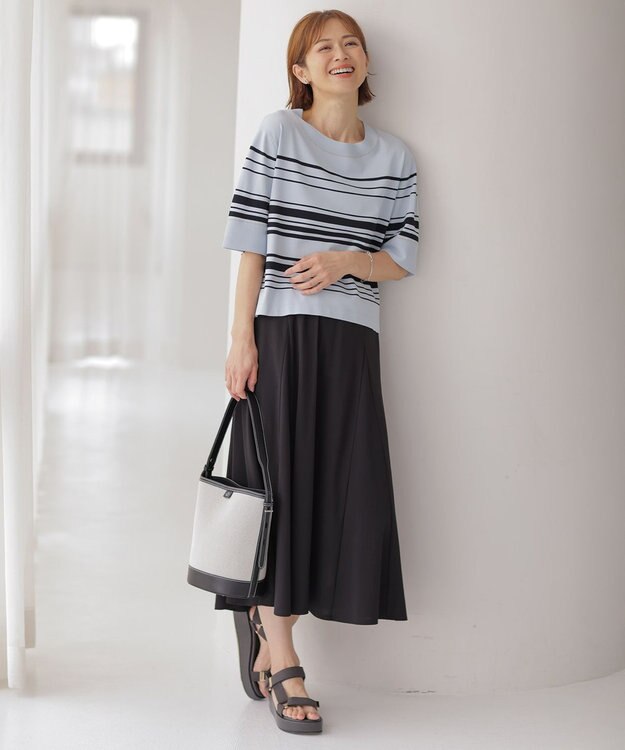 J.PRESS LADIES 【洗える】RAYON ELITE STRETCH ボーダー ニットT サックス×ネイビー系