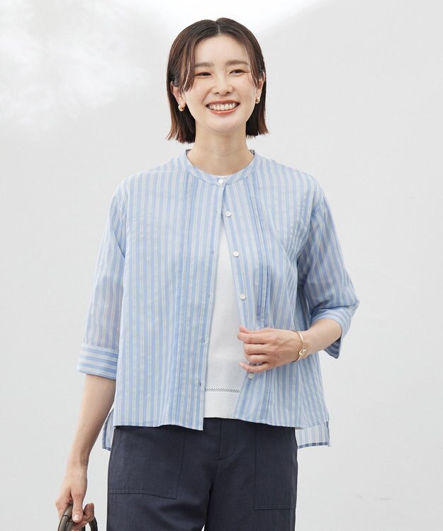 J.PRESS LADIES 【洗える】シアーピンストライプ ブラウスライク カットソー サックスベース系