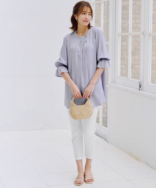 Tiaclasse 【洗える】アシメタックネックチュニックブラウス サックスグレー