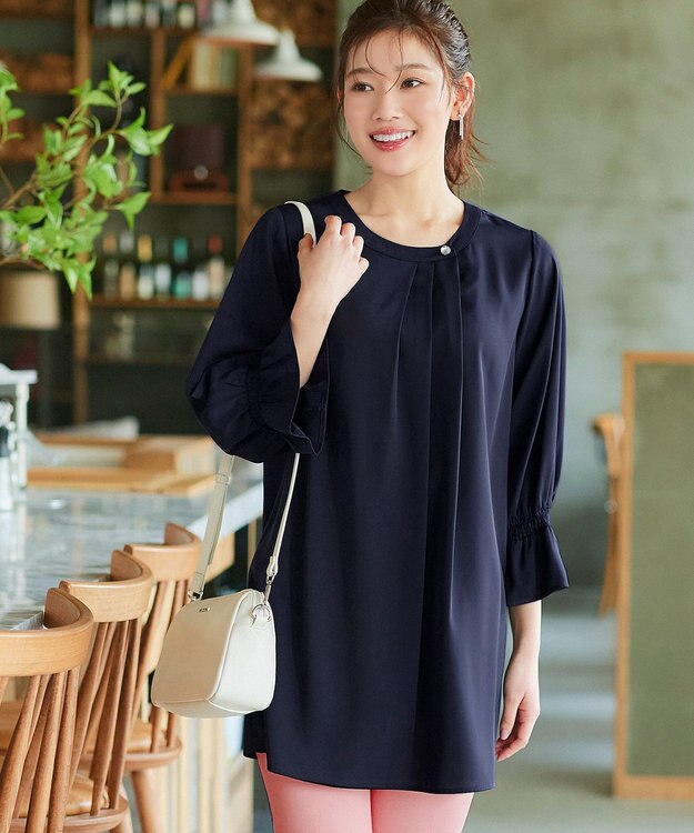 Tiaclasse 【洗える】アシメタックネックチュニックブラウス ネイビー